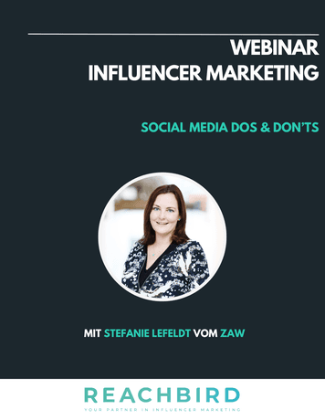 Webinar poster on influencer marketing, featuring a woman's photo and text: "Social Media Dos & Don'ts" and "Mit Stefanie Lefeldt vom ZAW."