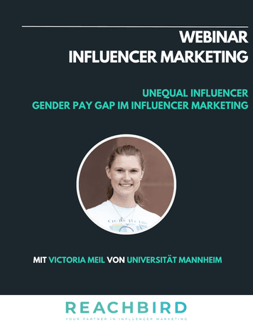 Webinar poster titled "Influencer Marketing" featuring a speaker from Universität Mannheim, discussing the gender pay gap in influencer marketing.