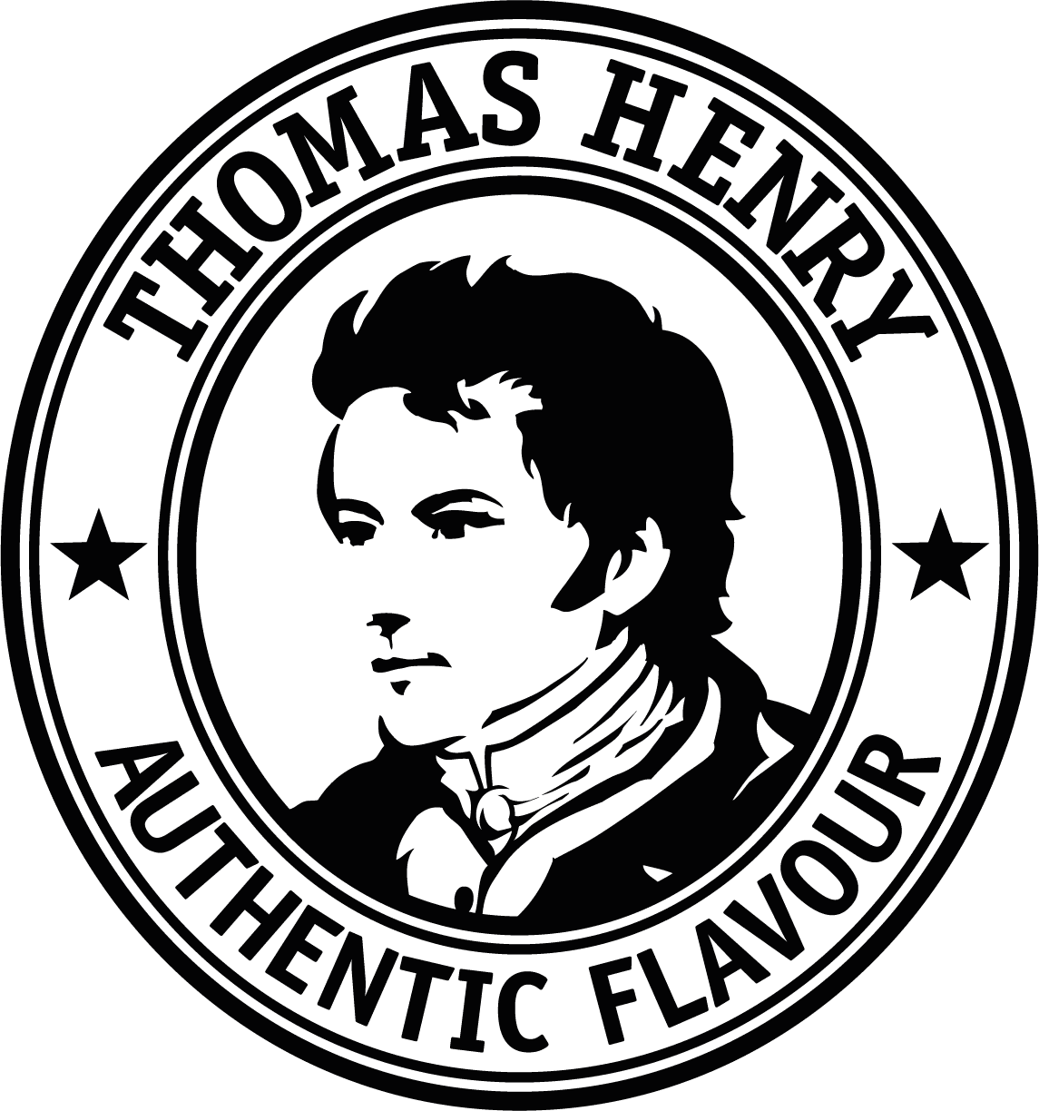 Emblem with a silhouette of a man, text reads "Thomas Henry Authentic Flavour," surrounded by stars.