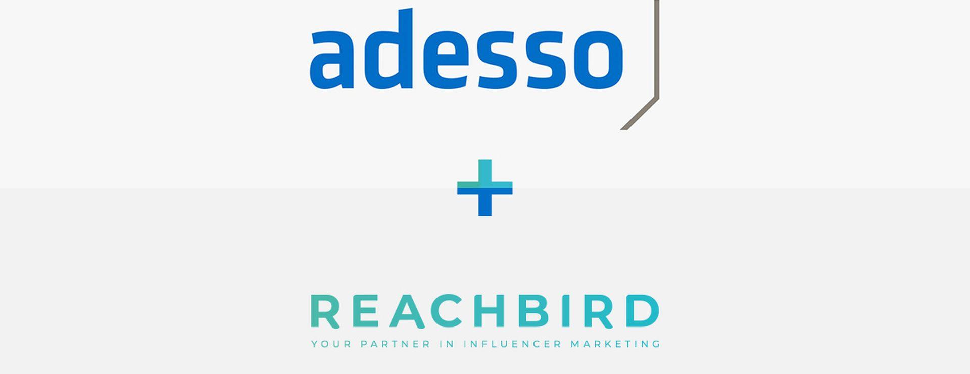 Logos of "adesso" and "REACHBIRD" with tagline "Your Partner in Influencer Marketing," separated by a plus sign on a white background.
