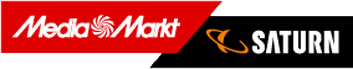 Logos of MediaMarkt and Saturn. MediaMarkt logo is on a red background, and Saturn logo is on a black background with an orange planet icon.