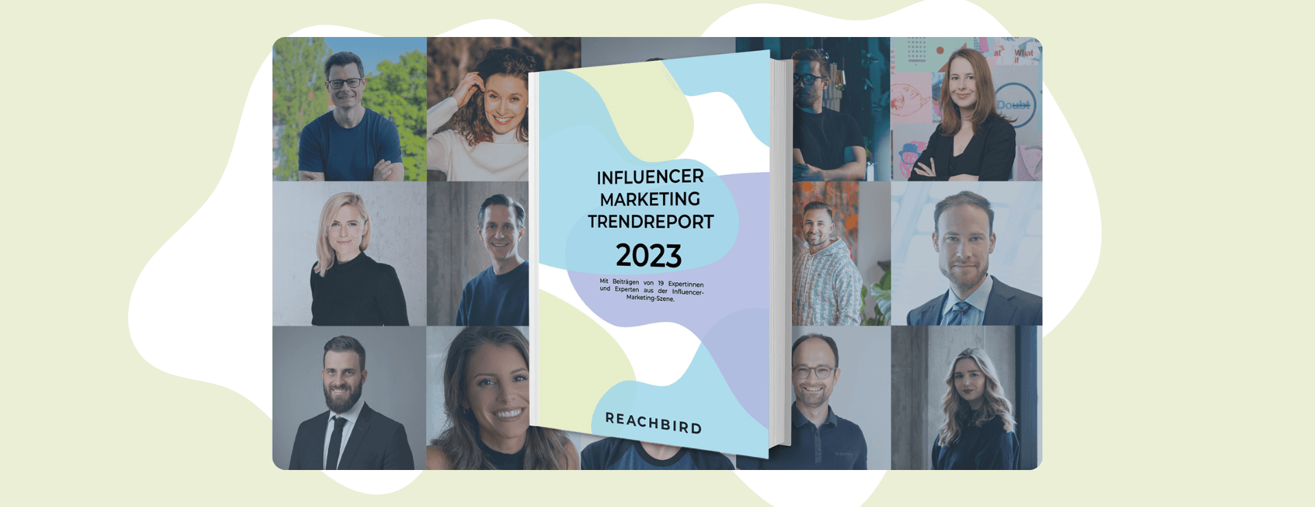 Collage of diverse professionals surrounding a central "Influencer Marketing Trend Report 2023" cover on a light abstract background.