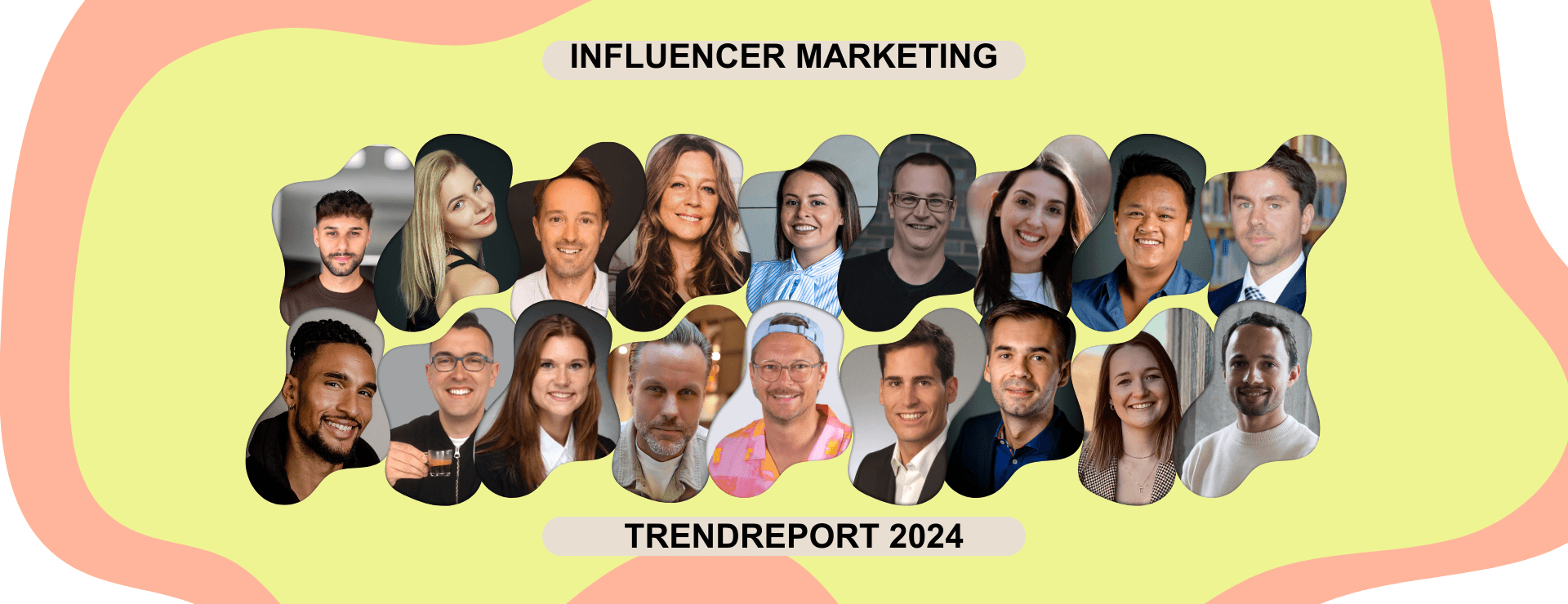 Collage of diverse individuals smiling, labeled "Influencer Marketing Trend Report 2024" on a colorful abstract background.