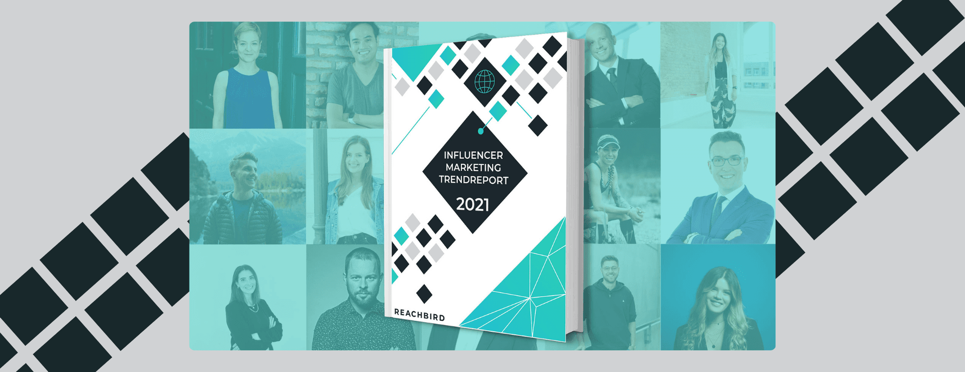 Collage of various people behind a 2021 influencer marketing trend report book with a geometric cover design.