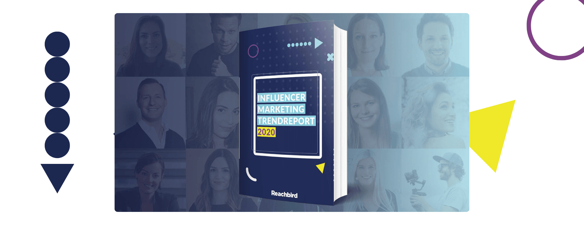 Cover of "Influencer Marketing Trend Report 2020" with a background collage of smiling people and geometric shapes.