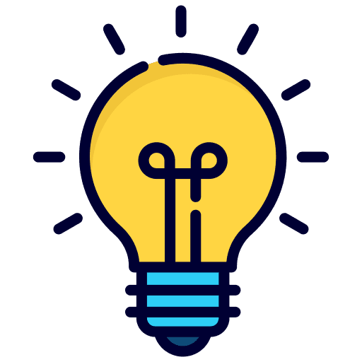 Illustration of a yellow light bulb with a blue base, surrounded by small lines representing rays of light, symbolizing an idea or creativity.