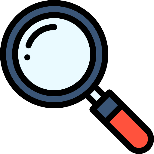 Illustration of a magnifying glass with a black frame and red handle, symbolizing search or investigation.