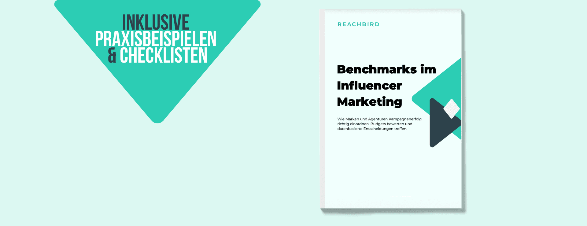 Cover of "Benchmarks im Influencer Marketing" with turquoise accents, promoting examples and checklists.