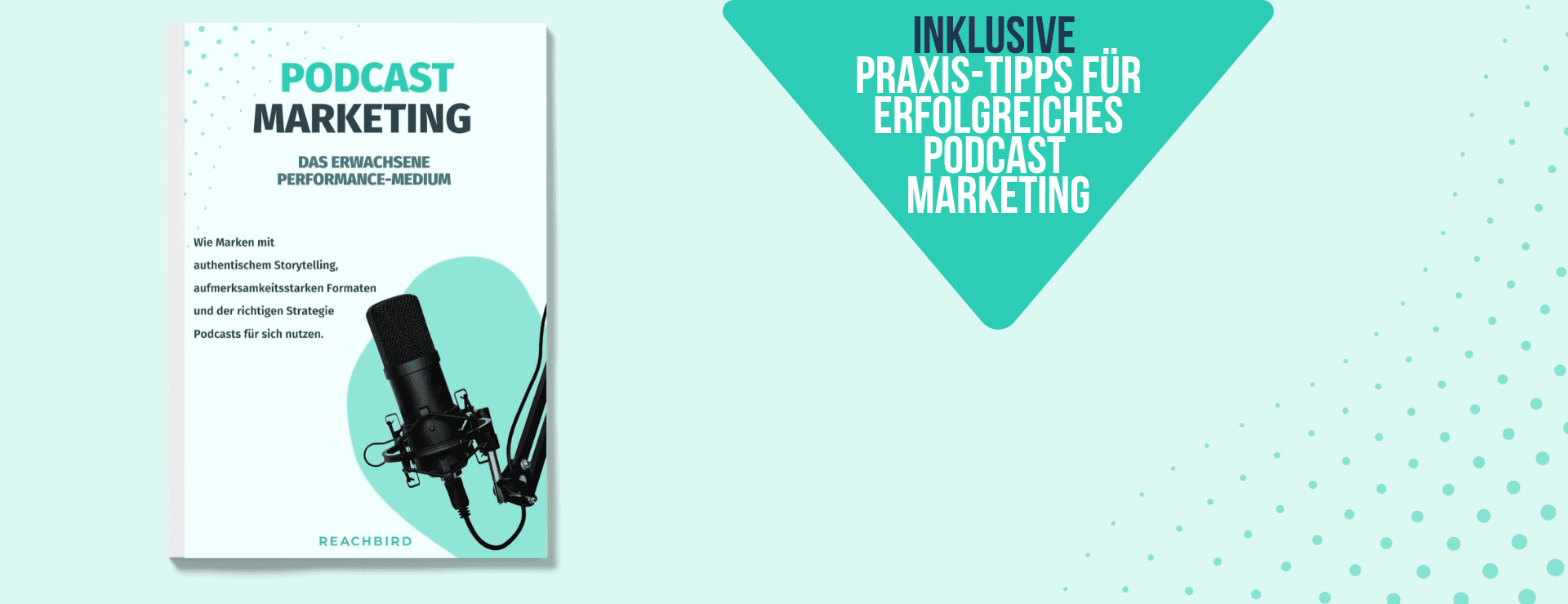 A book cover titled "Podcast Marketing" with an image of a microphone and promotional text for effective podcast marketing strategies.
