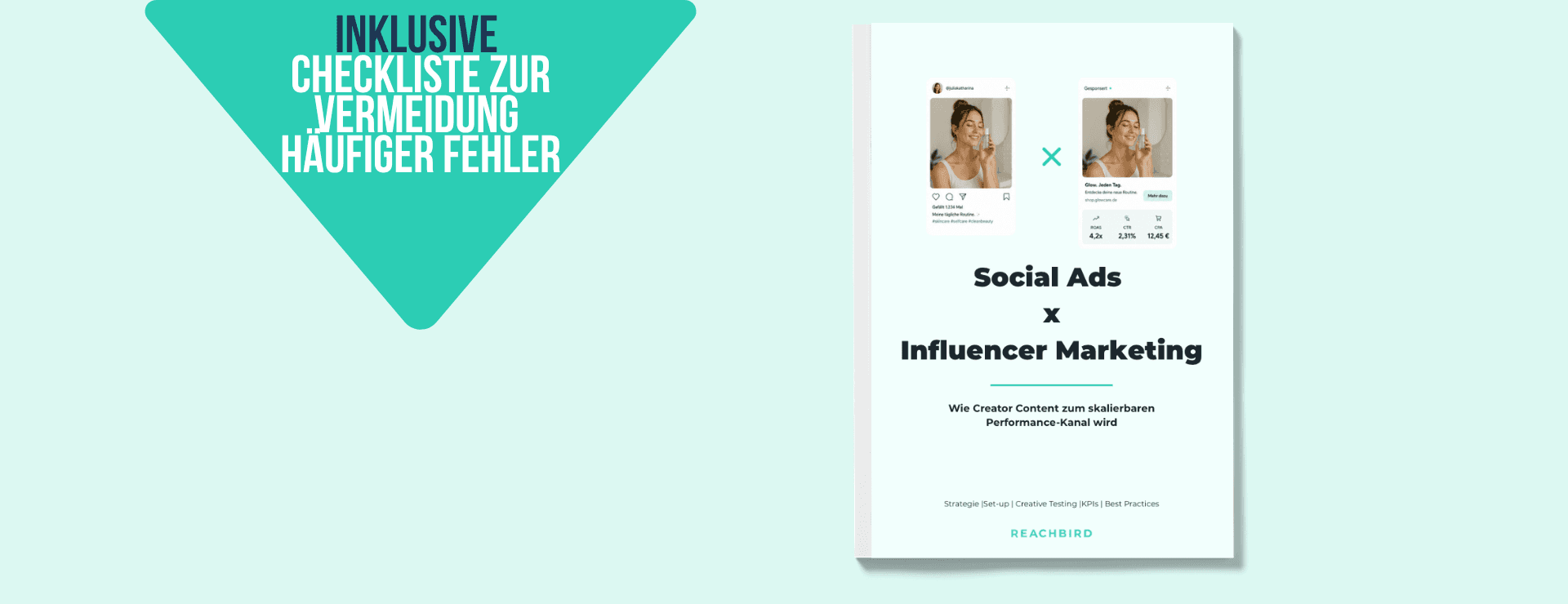 Image of a white book titled "Social Ads x Influencer Marketing" with social media examples, alongside a green triangular banner with German text.