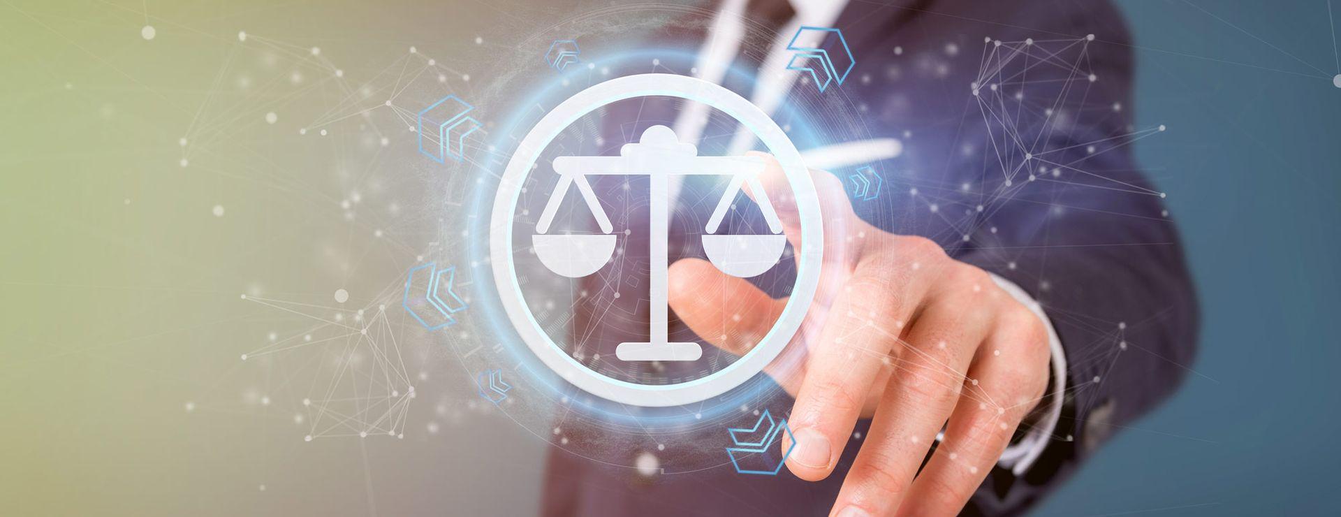 A person in a suit points at a digital icon of scales, symbolizing balance, with a network of lines and nodes in the background.