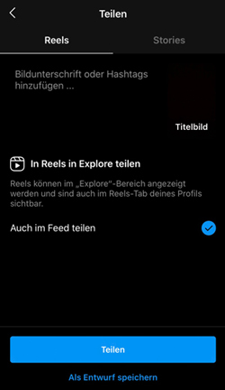 App Ansicht Instagram Reels posten