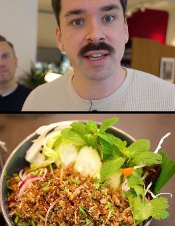 A man with a mustache is speaking, and below is a bowl of salad with greens, herbs, and sliced vegetables.